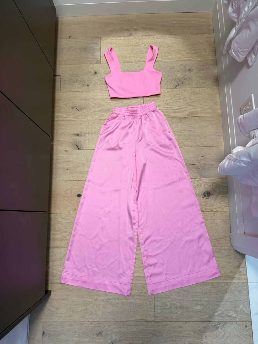 Show Me Your MuMu Pink Wide-Leg Pants and Crop Top Set